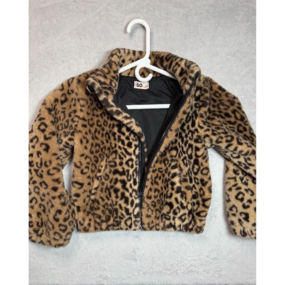 SO Womens Leopard Print Faux Fur Full Zip Collared Jacket Pockets Juniors S